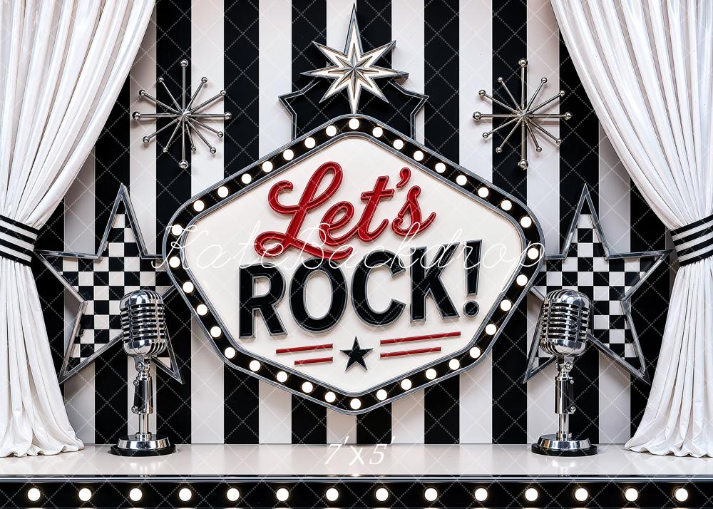 Kate Retro Rock Stage Microphone Star Printed Black And White Striped Backdrop Printed Backdrop Designed by Ashley Ward