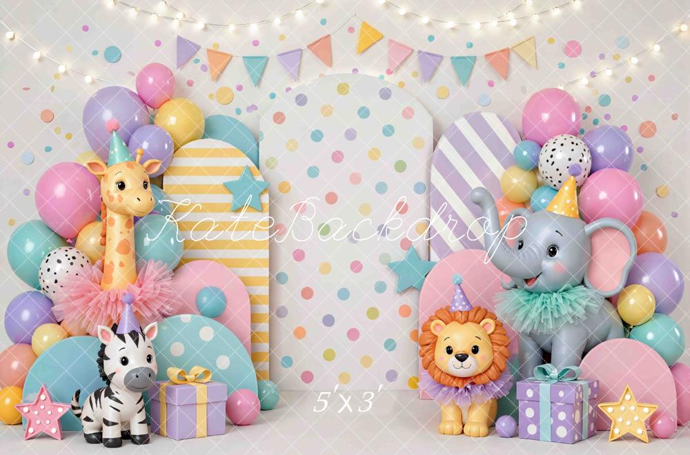 Kate Cake Smash Circus Animal Balloons Stars Pastel Printed Backdrop Designed by Mini MakeBelieve