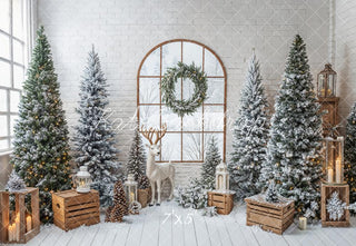 Kate Christmas Snowy Pines Arched Window Reindeer Crates Printed Backdrop Designed by Emetselch