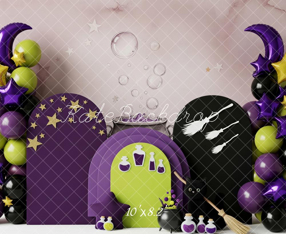 Kate Halloween Cake Smash Witch Balloons Stars Broom Potions Backdrop Designed by Patty Roberts