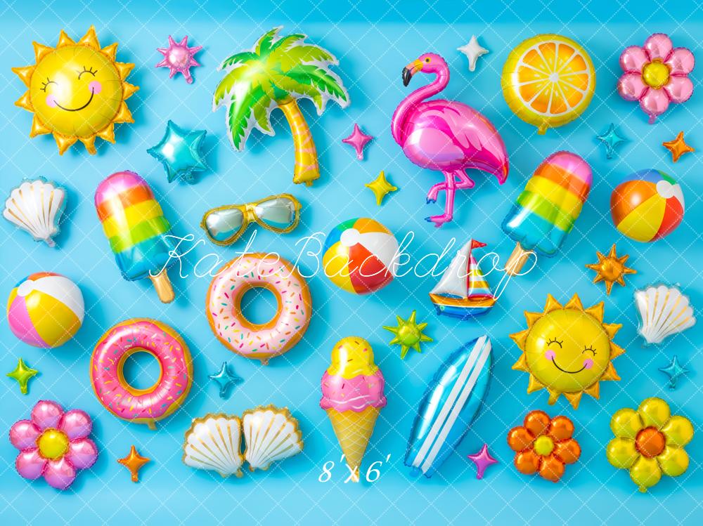 Kate Summer Balloons Pool Float Flamingo Palm Tree Ice Cream Donut Popsicle Printed Backdrop Designed by Patty Roberts