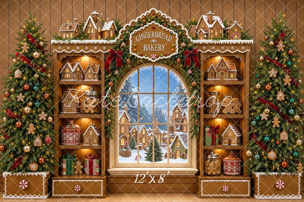 Kate Christmas Trees Gingerbread Bakery Snowy Window Printed Backdrop Designed by Shutter Swan Studios