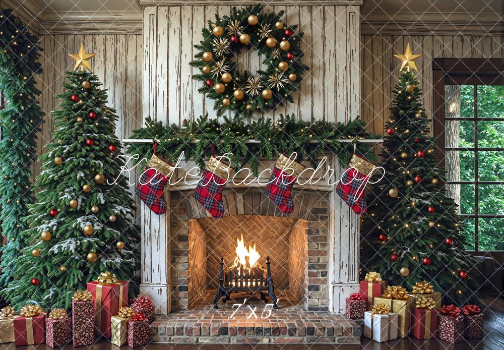Kate Christmas Trees Distressed Fireplace Wreath Stockings Gifts Backdrop Designed by Mini MakeBelieve