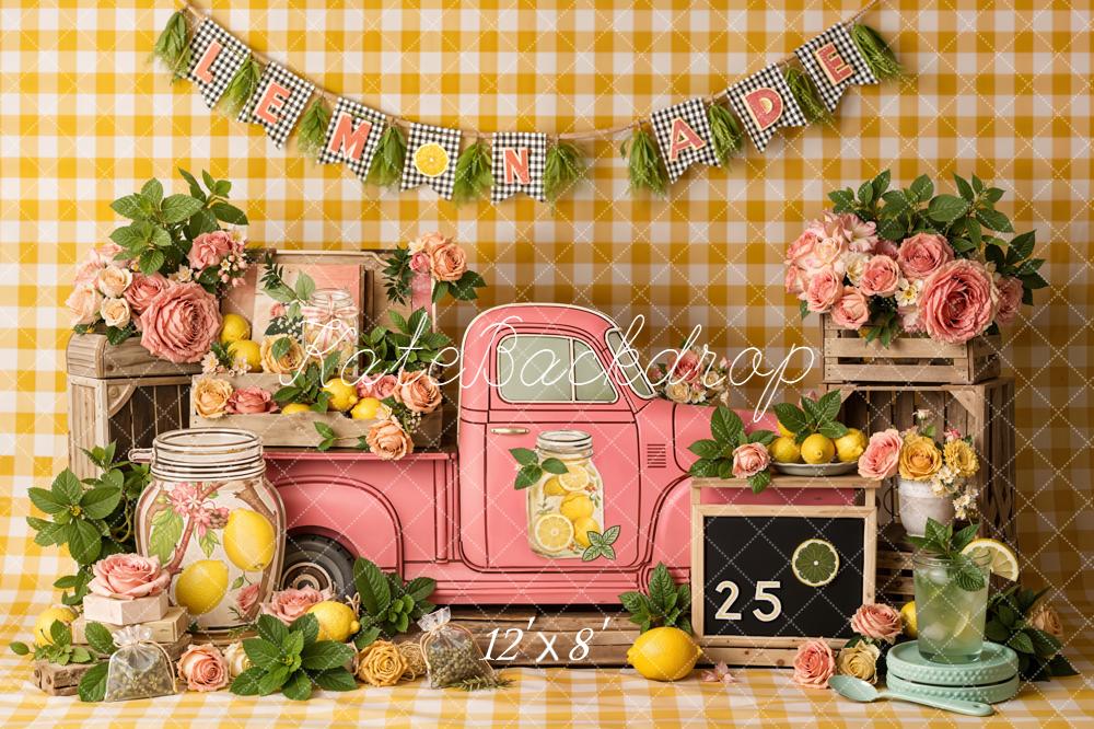 Kate Summer Lemonade Pink Truck Yellow Plaid Flowers Printed Backdrop Designed by Emetselch