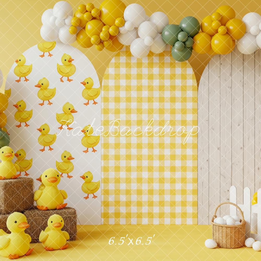 Kate Cake Smash Duckling Balloons Yellow Plaid Arches Backdrop Designed by Patty Roberts