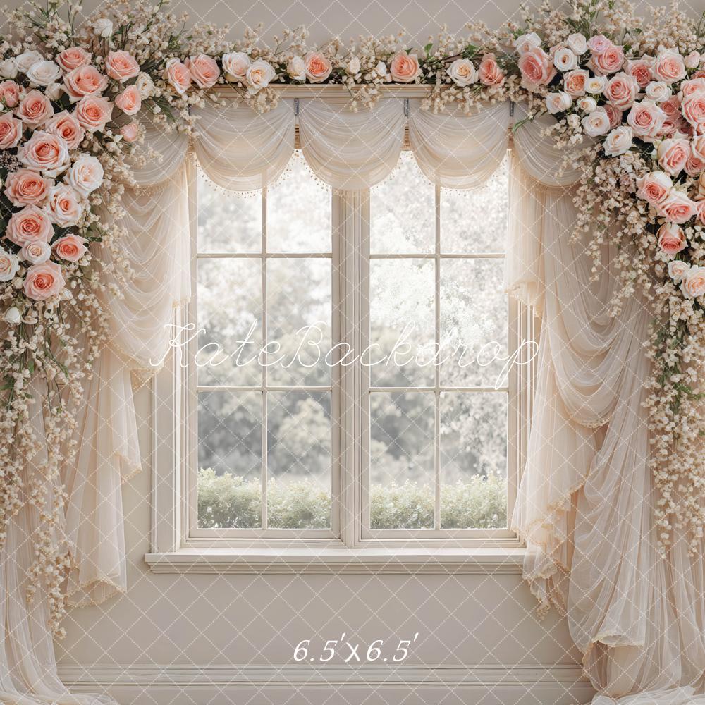 Kate Summer Flower Arch Window Drapes Pink Roses Printed Backdrop Designed by Mini MakeBelieve