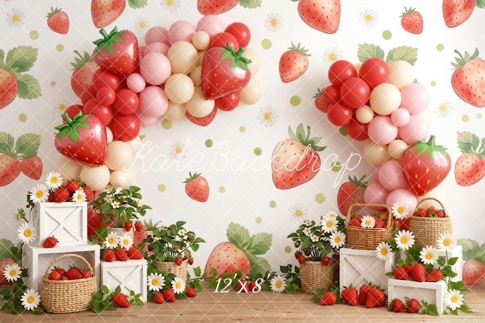 Kate Summer Strawberry Balloon Arch Daisy Basket Printed Backdrop Designed by Emetselch
