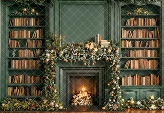 Kate Christmas Fireplace Garland Bookshelf Green Printed Backdrop Designed by Emetselch