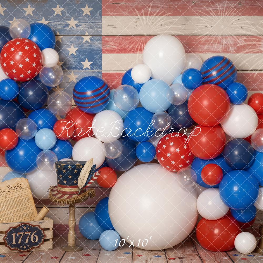 Kate 4th of July Patriotic Balloons American Flag Fireworks Wood Floor Printed Backdrop Designed by Emetselch