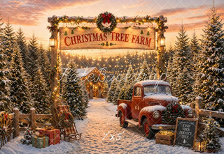 Kate Christmas Tree Farm Red Truck Snowy Pine Trees Printed Backdrop Designed by Emetselch