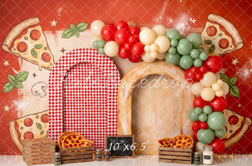 Kate Cake Smash Pizza Party Red Checkered Balloon Arch Printed Backdrop Designed by Patty Roberts