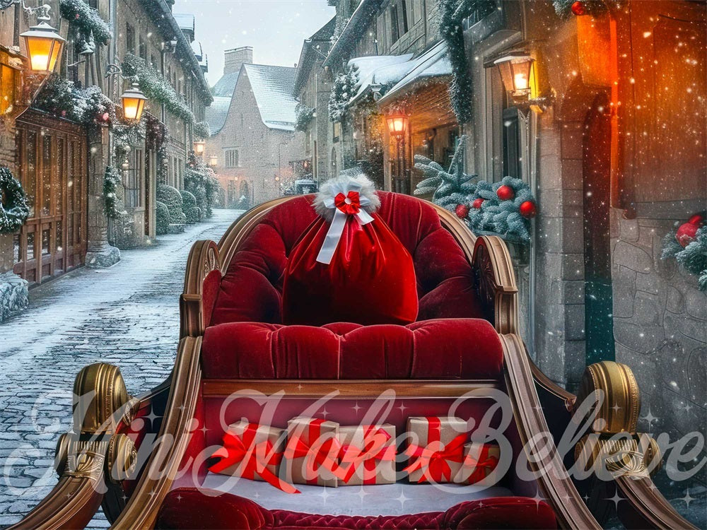 Kate Winter Christmas Street Red Sleigh Backdrop Designed by Mini MakeBelieve