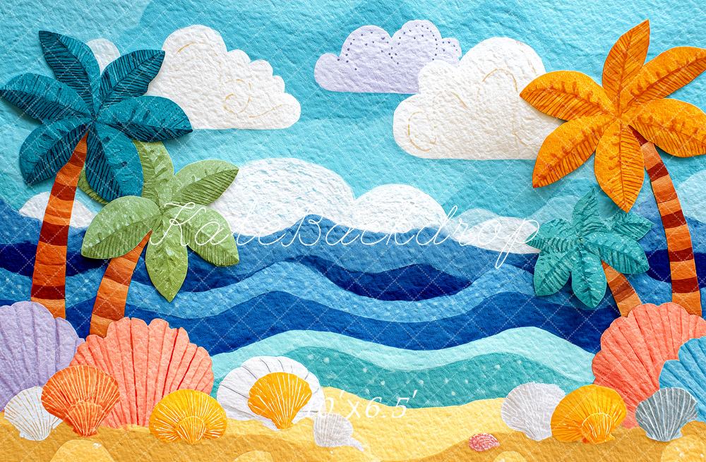 Kate Summer Palm Trees Seashells Ocean Waves Printed Backdrop Designed by Angela Miller