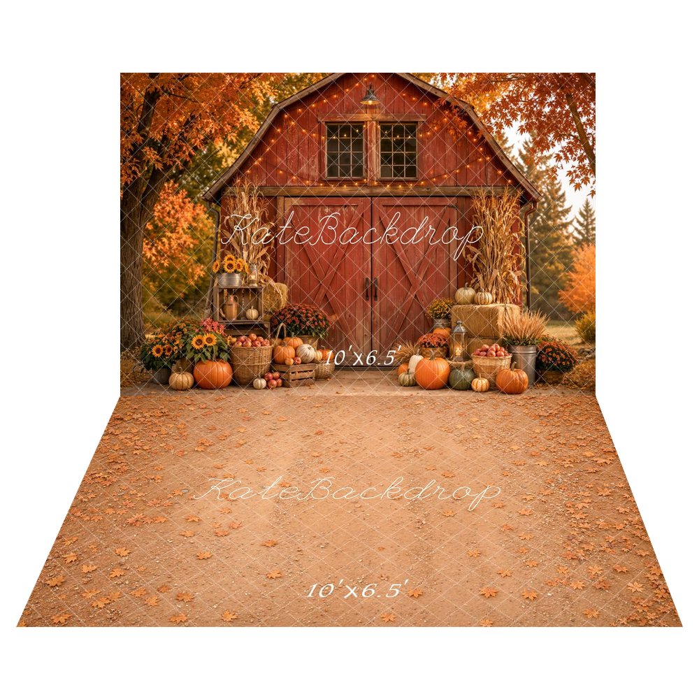 Kate Fall Red Barn Pumpkin Sunflower Cornstalk Apple Lantern Printed Backdrop+Fall Maple Leaves Floor Backdrop Printed Backdrop