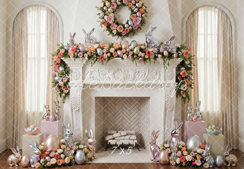 Kate Easter Bunny Pastel Eggs Floral Fireplace Backdrop Designed by Mini MakeBelieve