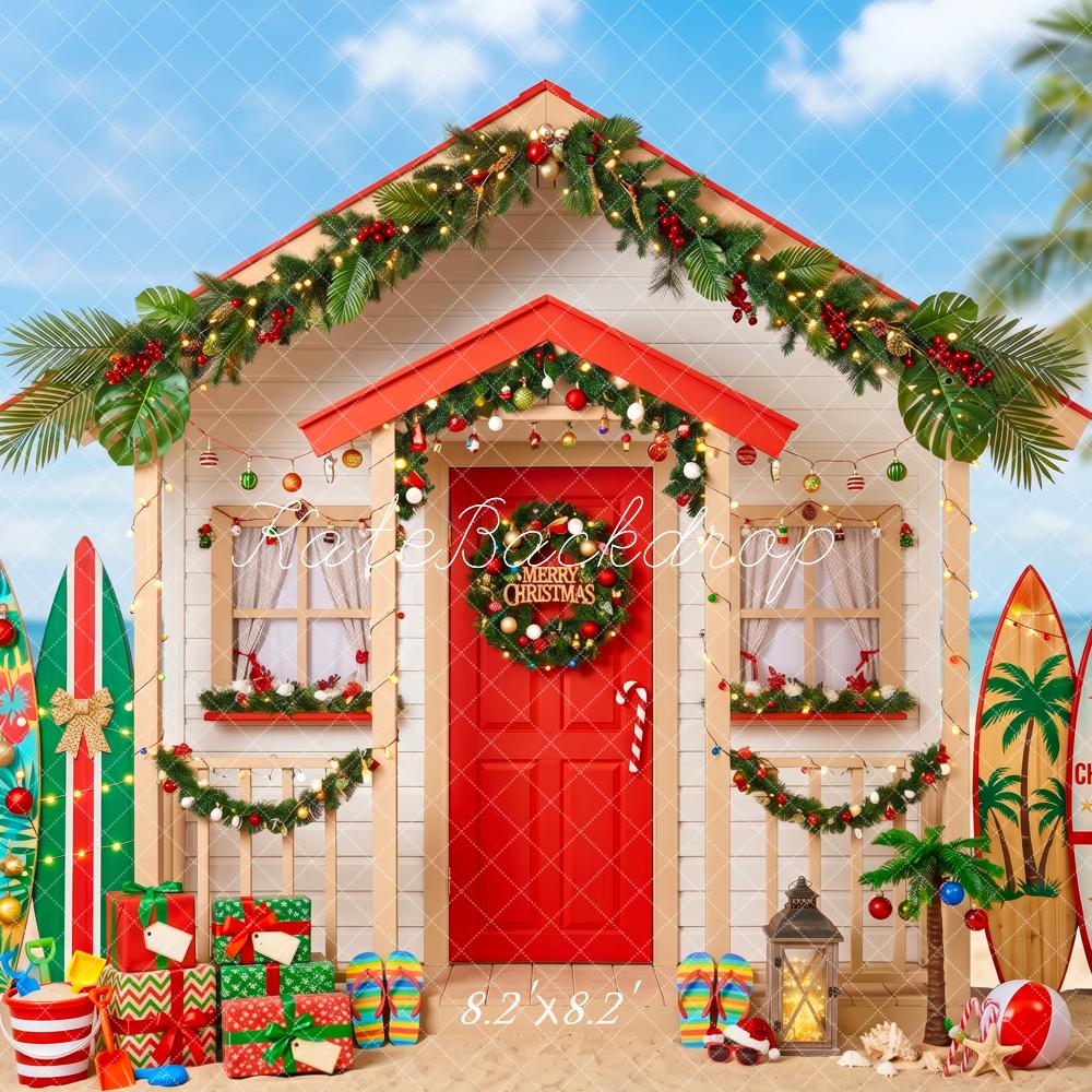 Kate Christmas Beach Surfboards Palm Hut Printed Backdrop Designed by Patty Roberts
