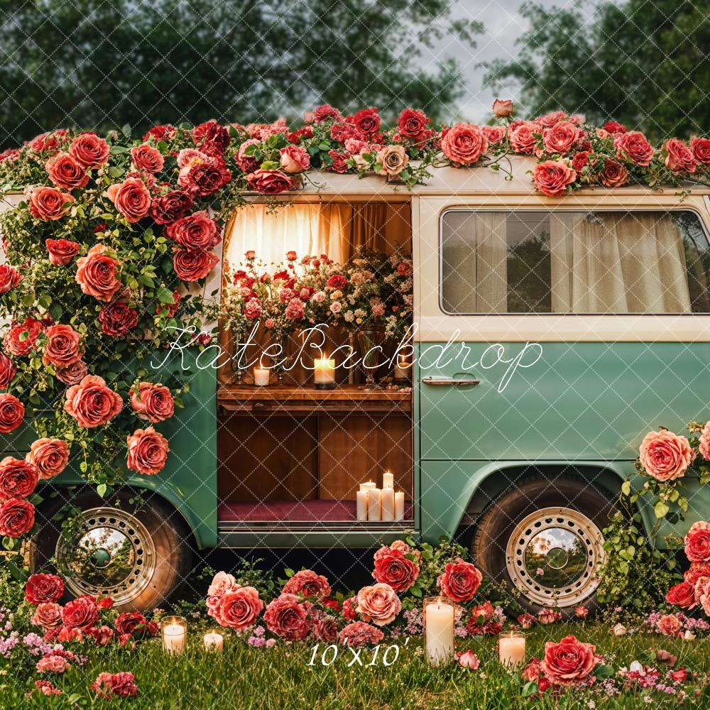 Kate Valentine's Day Floral Vintage Campervan Backdrop Designed by Emetselch