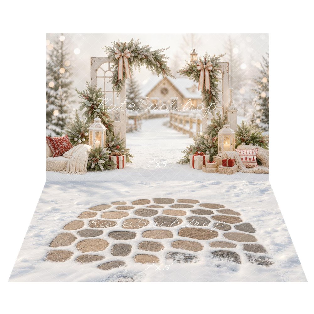 Kate Christmas Greenery Arch Lanterns Snowy Village Printed Backdrop+Winter White Snowy Cobblestone Floor Printed Backdrop
