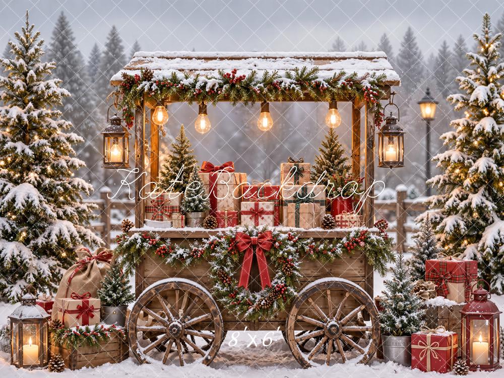 Kate Christmas Snowy Gift Cart Lanterns Printed Backdrop Designed by Emetselch