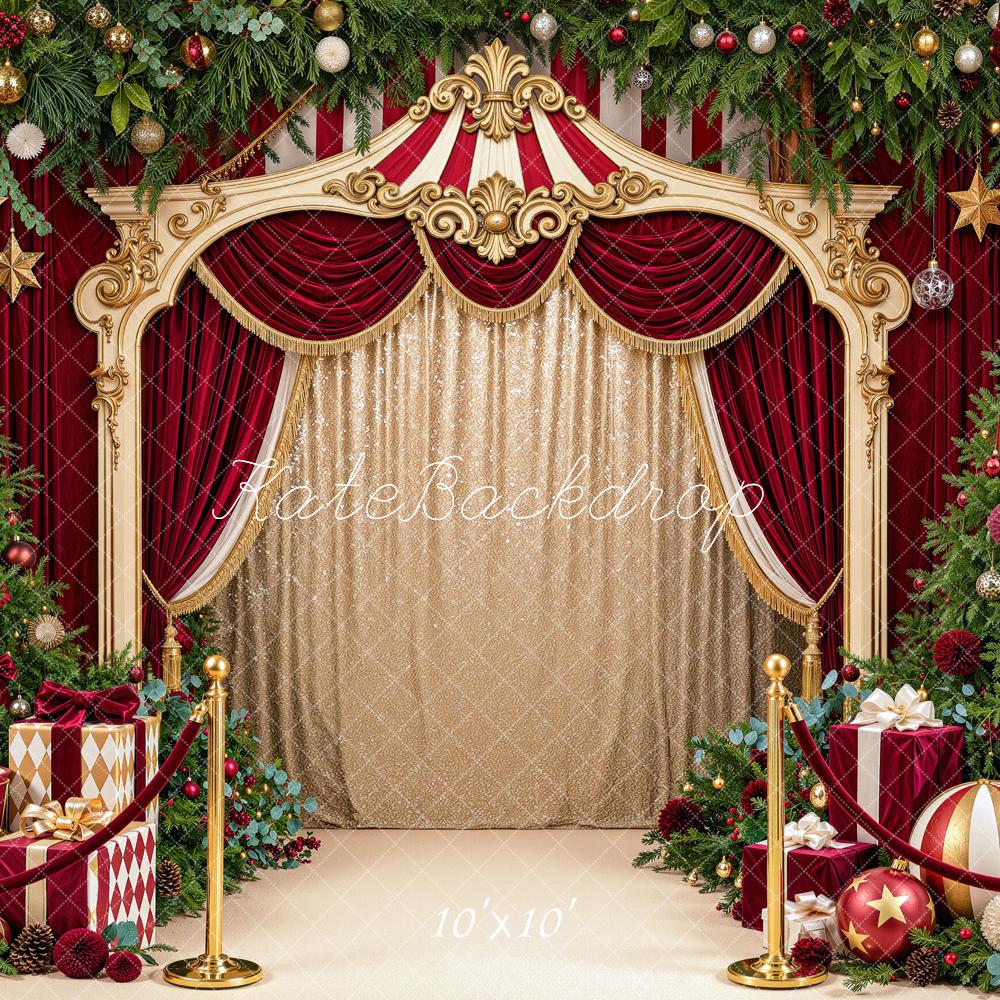 Kate Christmas Trees Carousel Circus Red Curtains Ball Printed Backdrop Designed by Mini MakeBelieve