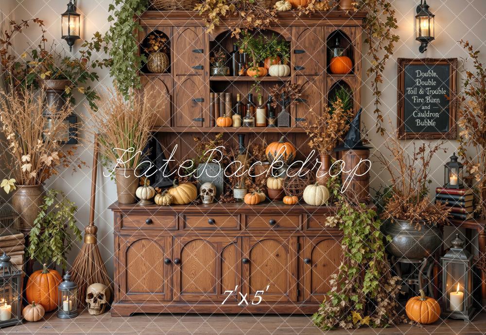 Kate Halloween Witches Hutch Gothic Cabinet Pumpkins Cauldron Printed Backdrop Designed by Mini MakeBelieve