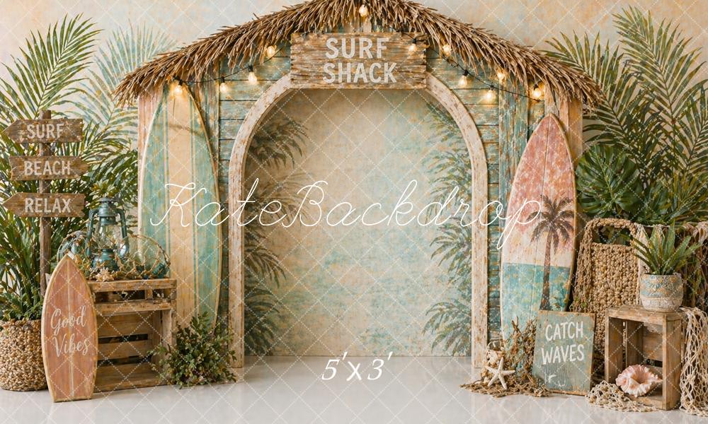 Kate Beach Surf Shack Hut Surfboards Palm Leaves Printed Backdrop Designed by Caitlin Lynch