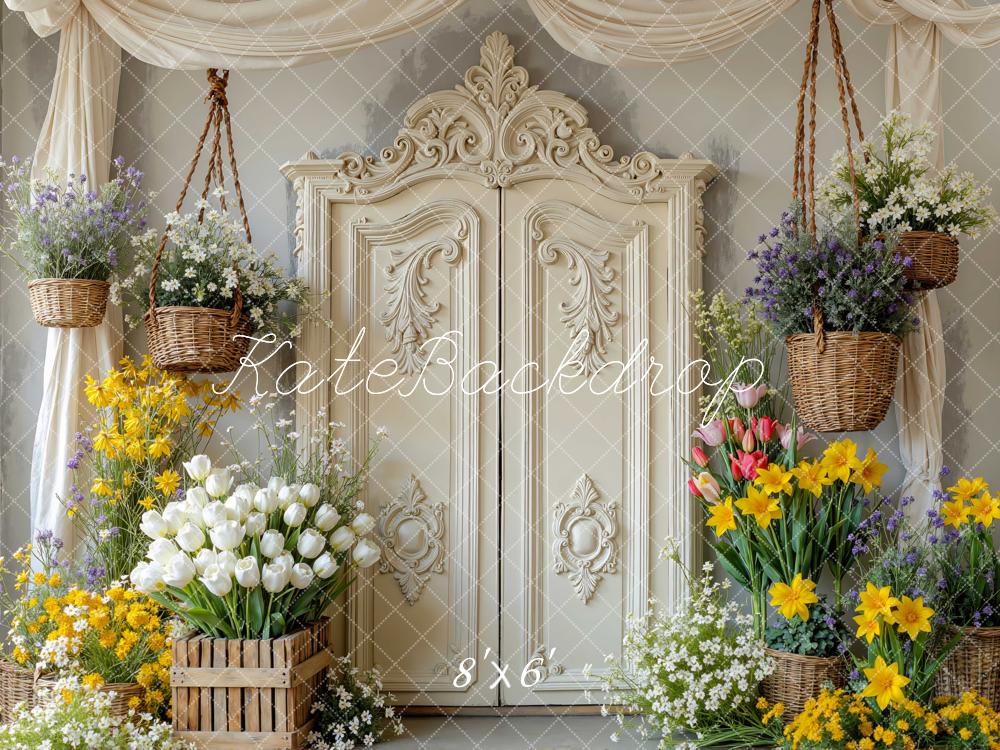 Kate Spring Flowers Retro Cream Door Hanging Baskets Backdrop Designed by Mini MakeBelieve