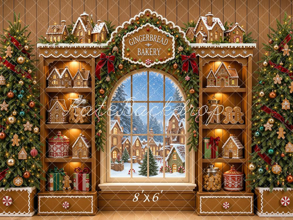 Kate Christmas Trees Gingerbread Bakery Snowy Window Printed Backdrop Designed by Shutter Swan Studios