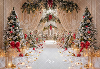 Kate Christmas Aisle Snowy Trees Bows Garland Drapes Printed Backdrop Designed by Emetselch