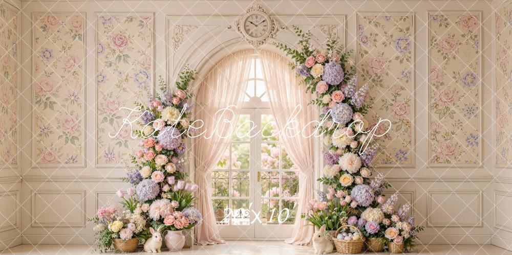 Kate Easter Spring Floral Arch Vintage Window Clock Bunny Printed Backdrop Designed by Emetselch