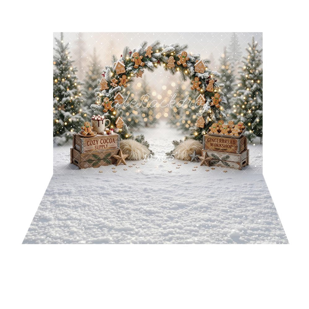 Kate Christmas Gingerbread Arch Cozy Cocoa Snowy Trees Printed Backdrop+Snowy White Winter Texture Printed Backdrop