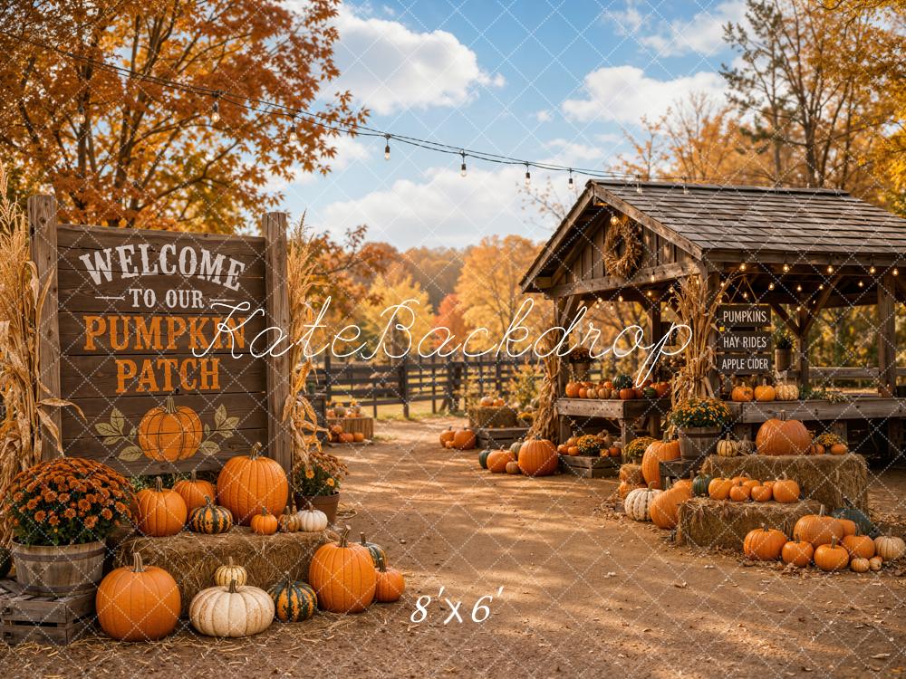 Kate Fall Orange Pumpkin Patch Farm Stand Printed Backdrop Designed by Emetselch