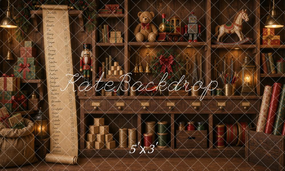 Kate Christmas Santas Workshop Toy Shelf Nutcracker Train Wreath Printed Backdrop Designed by Ashley Ward