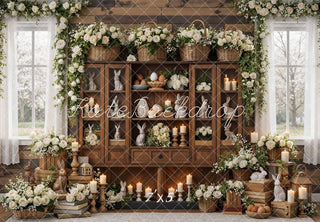 Kate Easter Bunny Wooden Cabinet Flowers Candles Printed Backdrop Designed by Mini MakeBelieve