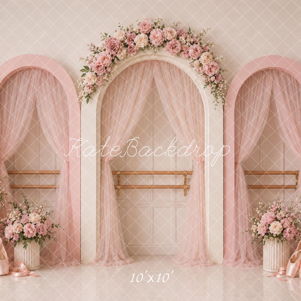 Kate Birthday Pink Ballet Studio Flower Arch Balloons Printed Backdrop Designed by Caitlin Lynch