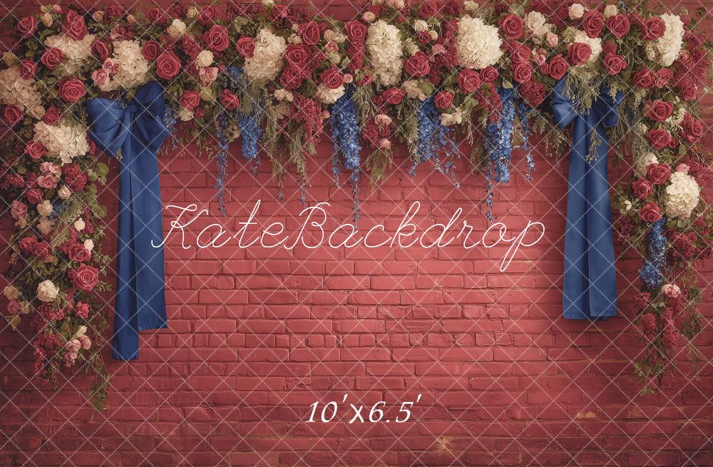 Kate Independence Day Flower Arch Red Brick Blue Ribbon Printed Backdrop Designed by Angela Miller