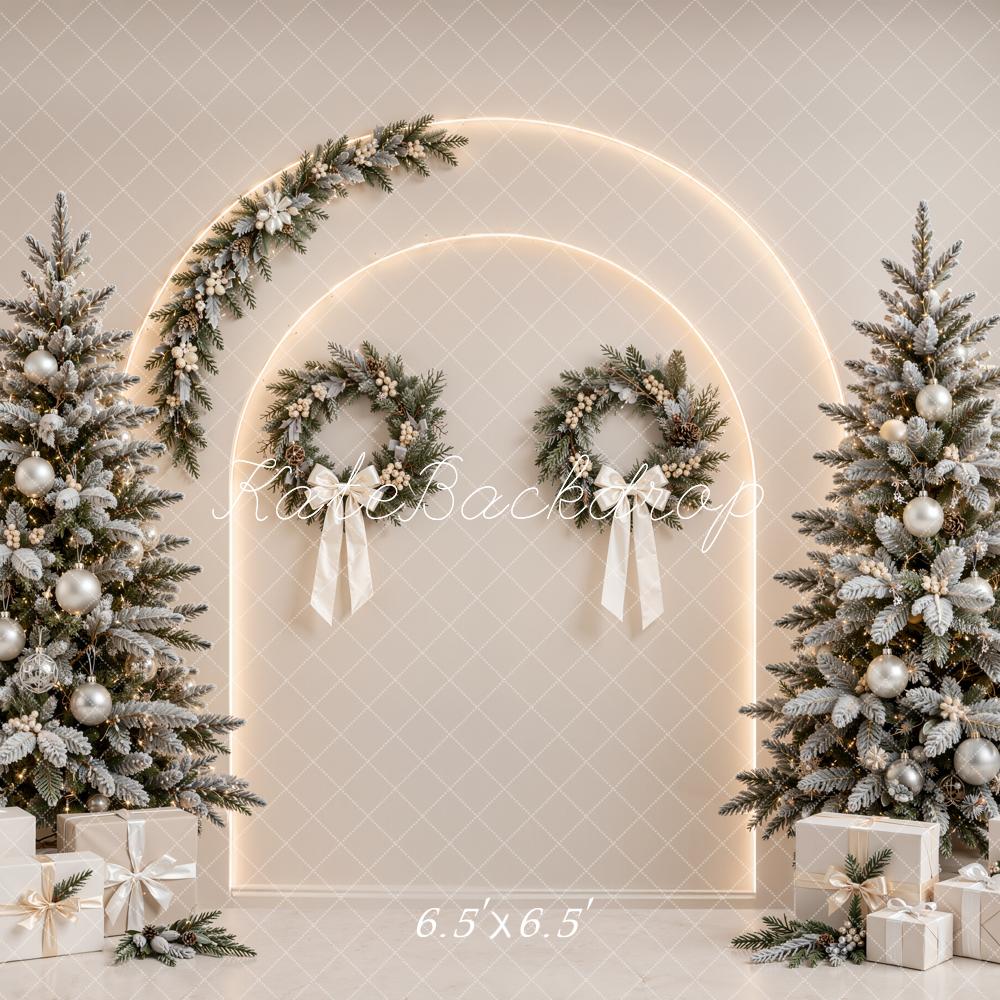 Kate Christmas Beige Tree Arch Wreaths Gifts Printed Backdrop Designed by Emetselch