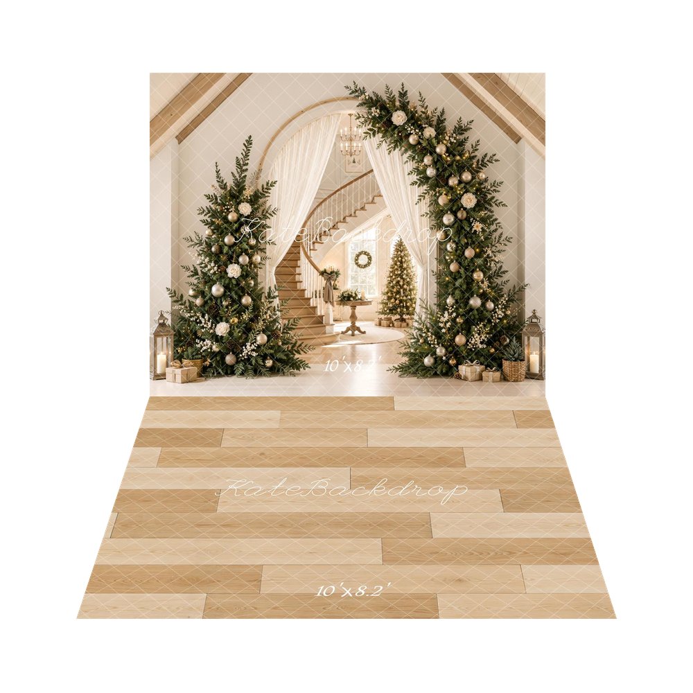 Kate Christmas Tree Arch Staircase Entryway Cream Drapes Printed Backdrop+Beige Wood Plank Floor Printed Backdrop