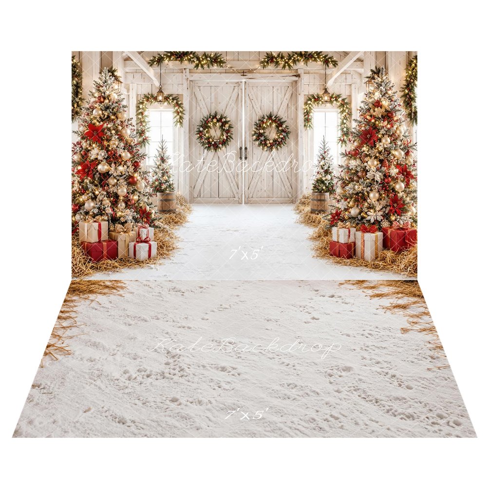 Kate Christmas Rustic White Barn Trees Wreaths Gifts Snow Printed Backdrop+Winter Snow Hay Floor Backdrop Printed Backdrop