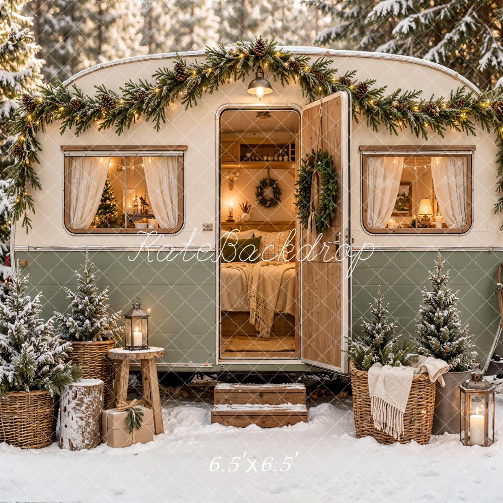Kate Christmas Camper Rustic Snowy Trees Basket Forest Printed Backdrop Designed by Emetselch