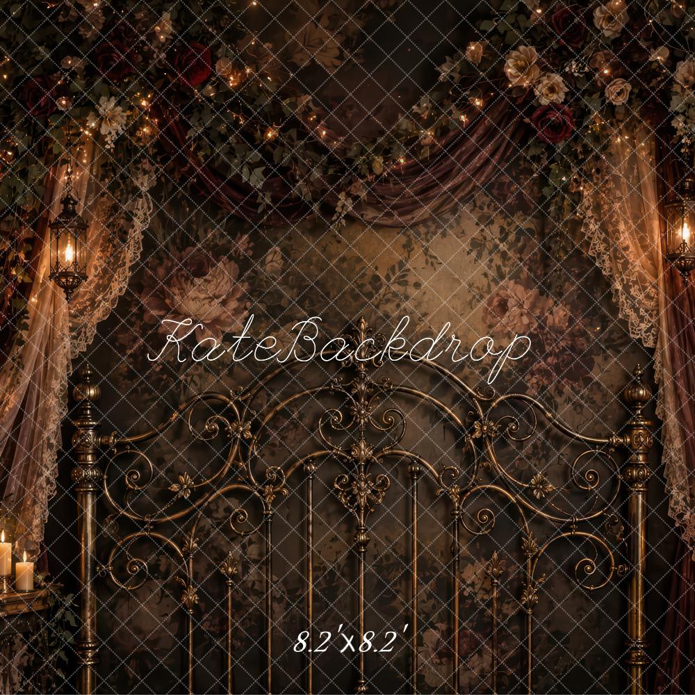 Kate Vintage Brown Gothic Headboard Floral Drapes Printed Backdrop Designed by Laura Bybee