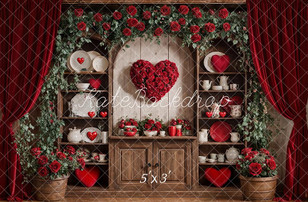 Kate Valentines Red Roses Heart Rustic Cabinet Curtains Backdrop Designed by Emetselch