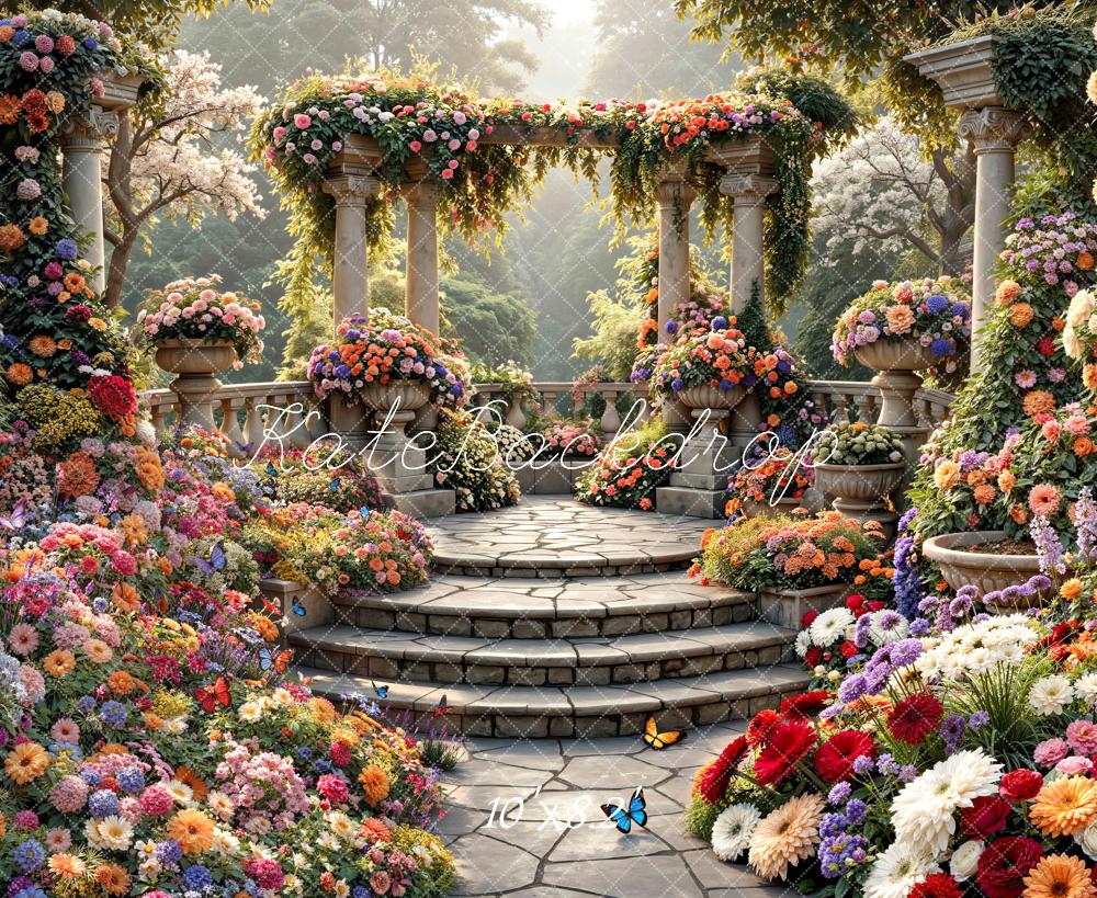 Kate Spring Flower Arch Cascading Stairs Garden Printed Backdrop Designed by Mini MakeBelieve