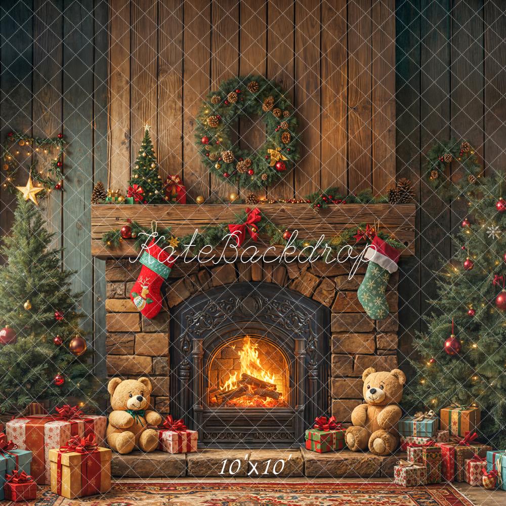Kate Christmas Fireplace Trees Wreath Gifts Teddy Bears Printed Backdrop Designed by Emetselch