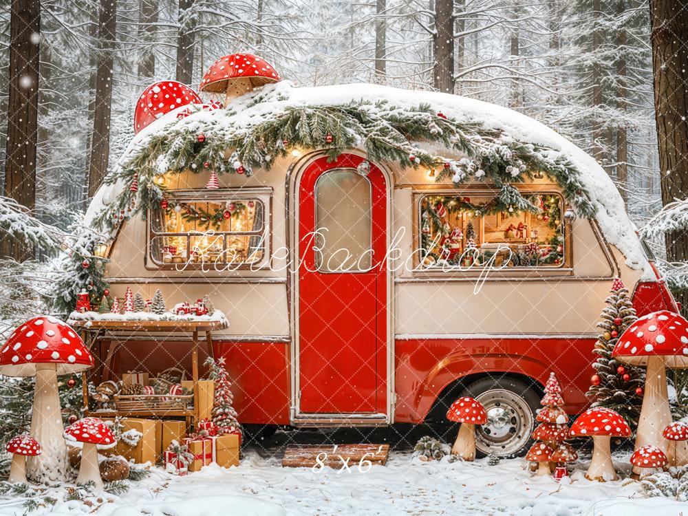 Kate Christmas Red Camper Mushrooms Snowy Forest Backdrop Designed by Emetselch