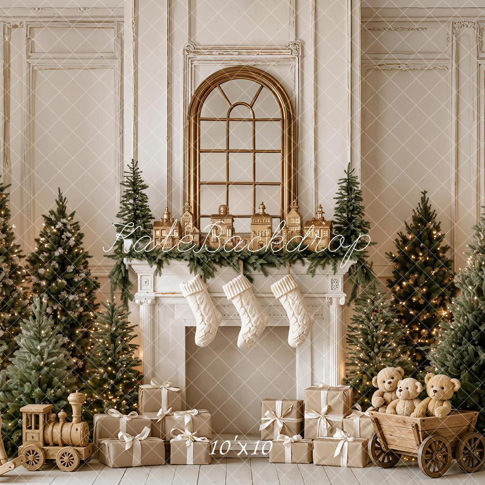 Kate Christmas Fireplace Trees Gifts Wood Reindeer Rocking Horse Printed Backdrop Designed by Emetselch