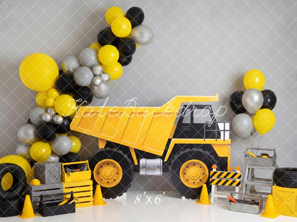 Kate Cake Smash Truck Construction Balloons Tires Yellow Printed Printed Backdrop Designed by Patty Roberts