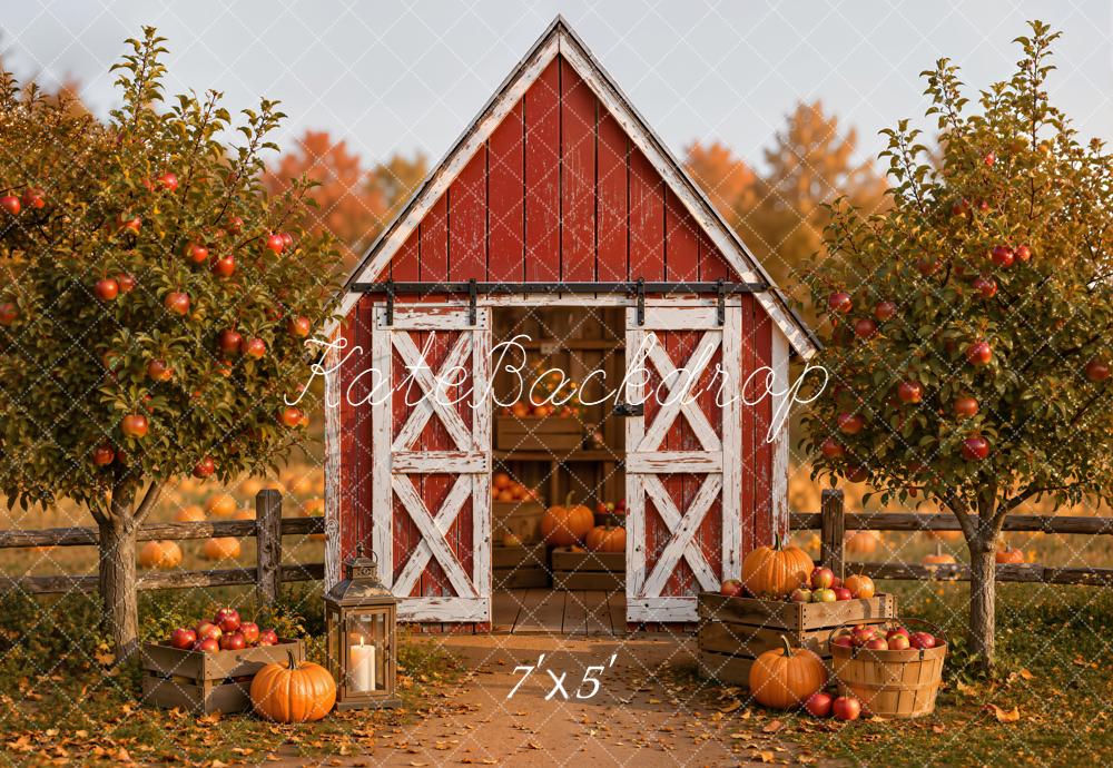 Kate Fall Red Barn Pumpkins Apple Orchard Printed Backdrop Designed by Emetselch