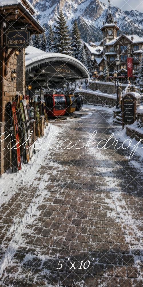 Kate Sweep Winter Ski Resort Gondola Alpine Village Snow Printed Backdrop Designed by Vertigo Productions