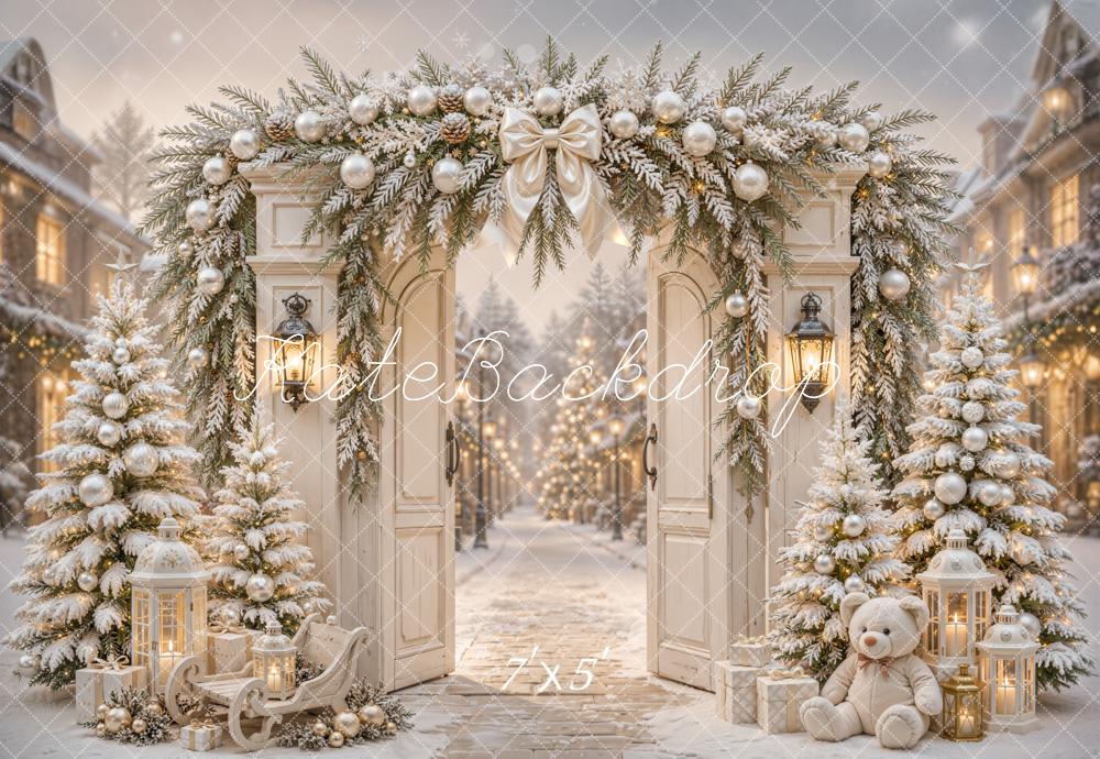 Kate Christmas Street Flower Arch Snowy Trees Lanterns Teddy Bear Printed Backdrop Designed by Emetselch